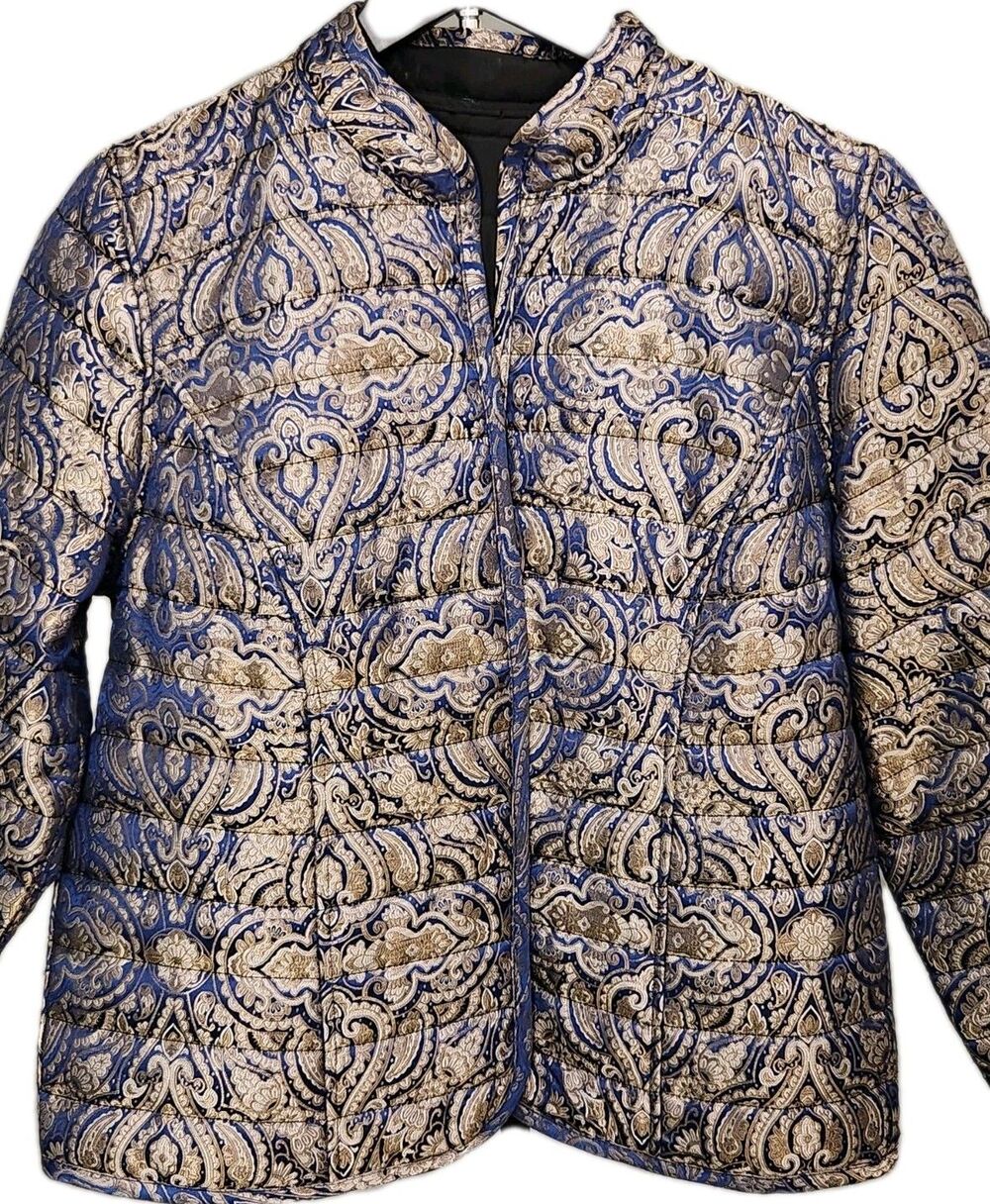 Unbranded Paisley Blue Jacket Open Front Womens M Gold Embroidered Glam Fancy